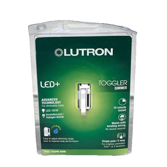 Lutron Toggler Light Dimmer Single-Pole/3-Way, White, LED+, {8}. - Picture 1 of 10